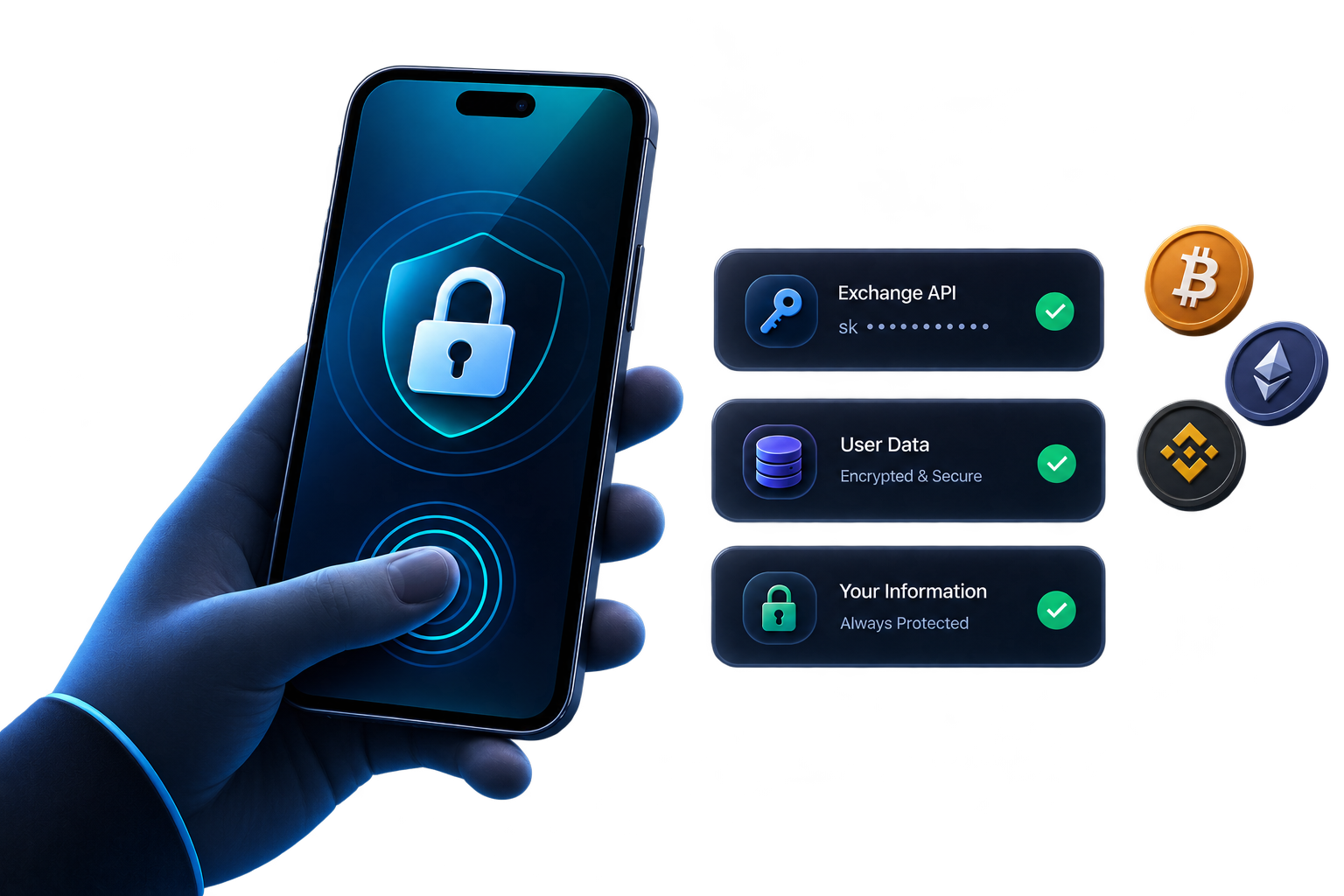 A hand unlocking a phone while user data and a secure connection stay protected